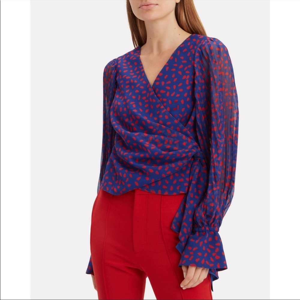 Self portrait crepe printed wrap blouse pleated detail size US 4 blue/red - Picture 1 of 11